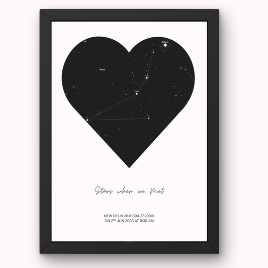 Custom Star Map inside Heart – Your Moment in the Stars - A4 Wooden Framed Poster